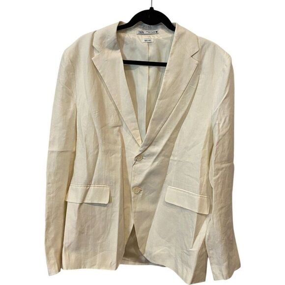 Zara Womens Linen Suit Jacket XL Oyster White Single Breasted 4470/408 NWT - Picture 2 of 7